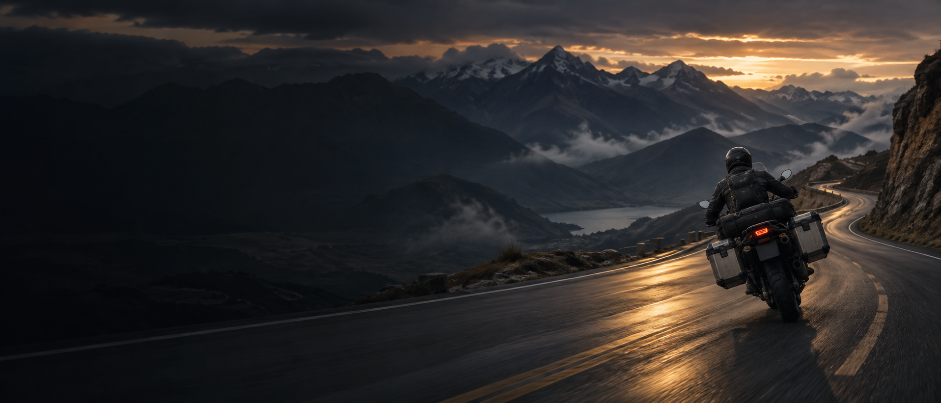 Rider recorriendo una carretera de montaña al atardecer